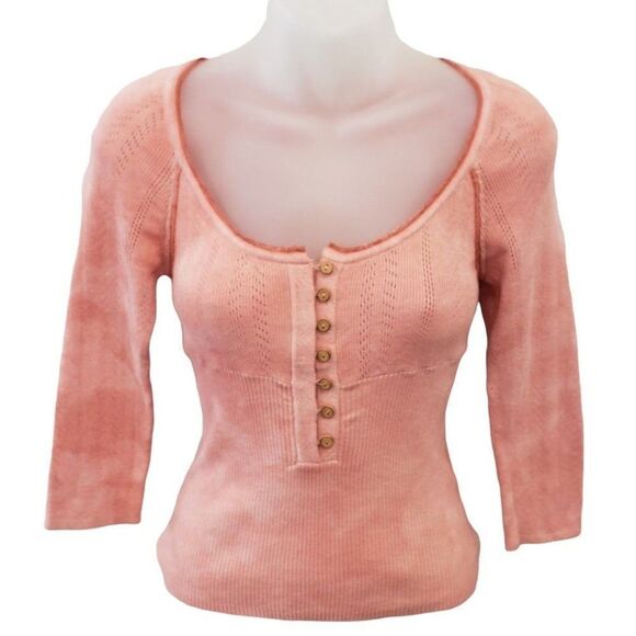 Free People Henley Shirt Top Women's XS Pink Peach Tie-Dye Cropped Scoop-Neck - Picture 4 of 9